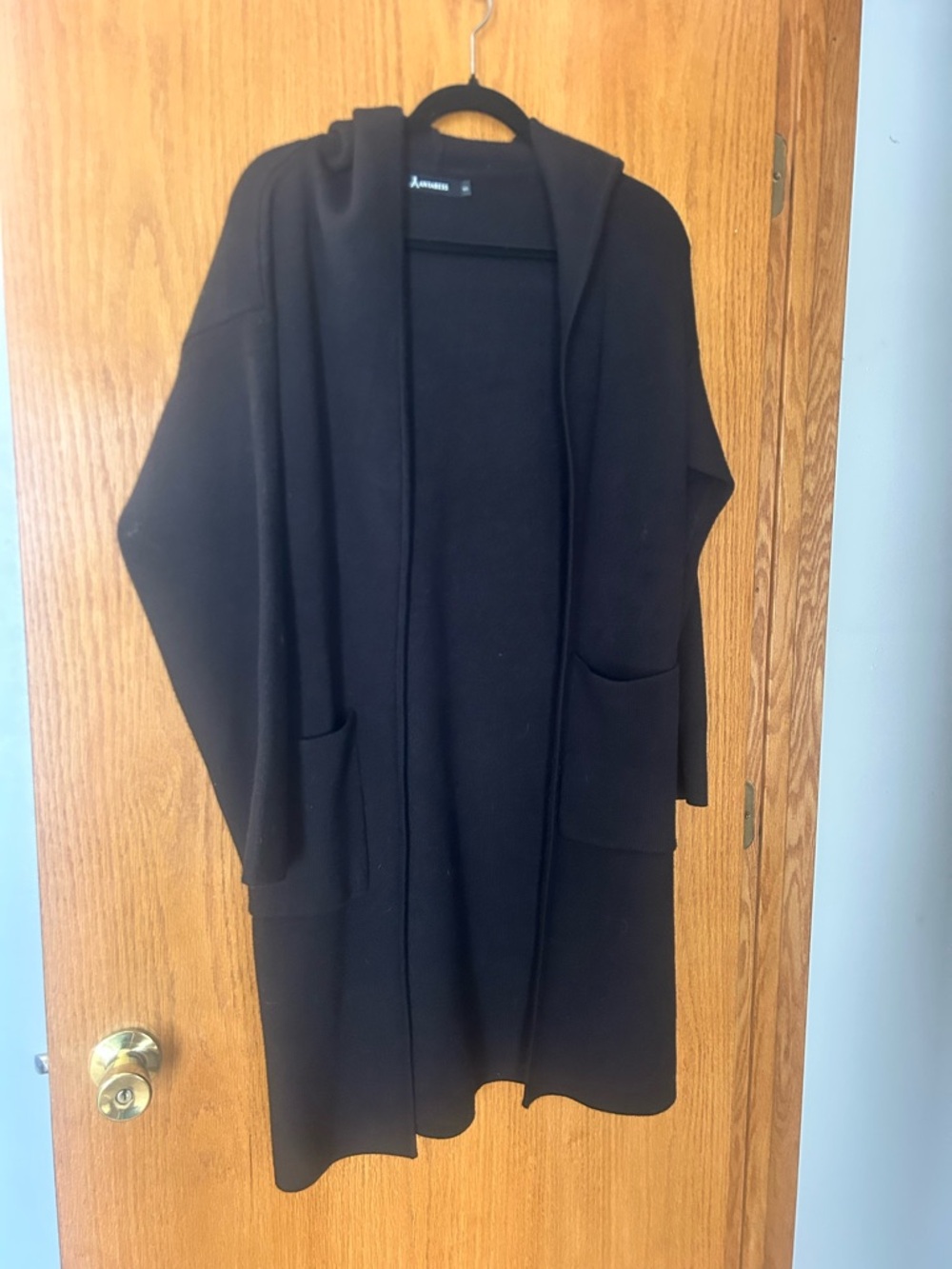 Black Hooded Open-Front Knit Cardigan with Pockets